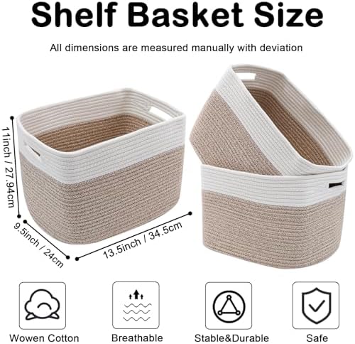 3 Pack Woven Baskets,Storage Baskets for Shelves with Handles | 13.5"×11"×9.5" Closet Baskets, Nursery Organizer for Toys Towels Books, Storage Bin for Living Room Bedroom (White&Brown)