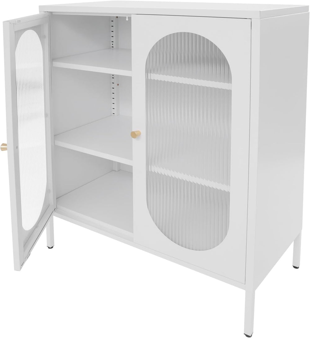 Accent Cabinet with Glass Doors – 3 Tier Storage, Modern Coffee Bar Station P...