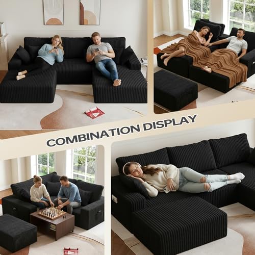 108" U-Shape Modular Sectional Cloud Couch with Ottoman, Deep Seat Couch...