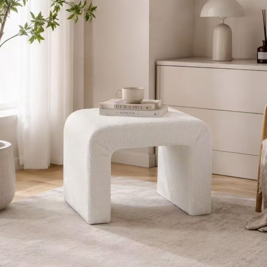 Modern Boucle Ottoman Footstool, 24" Arched Upholstered Vanity Stools fo...