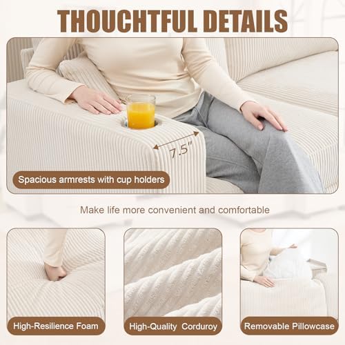 97" Modular Sectional Couch with Storage, Corduroy 3-Seater L Shaped Sof...