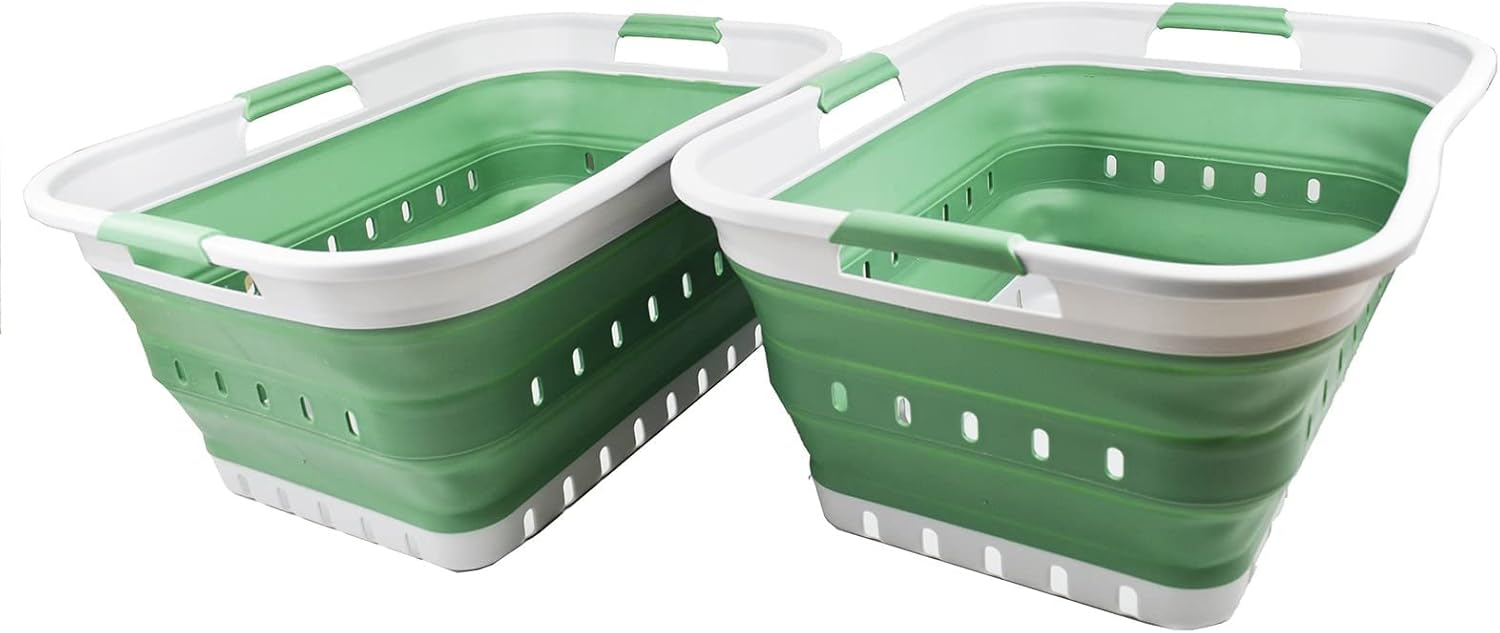 SAMMART 42L (11 gallon) Collapsible Plastic Laundry Basket - Foldable Pop Up Storage Container/Organizer - Portable Basket - Space Saving Hamper/Basket (Grey/Dark Sea Green (Set of 2))