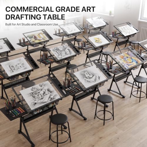 Athena Collection Glass Drafting Table W/Stool, Tilting Art Desk, Black
