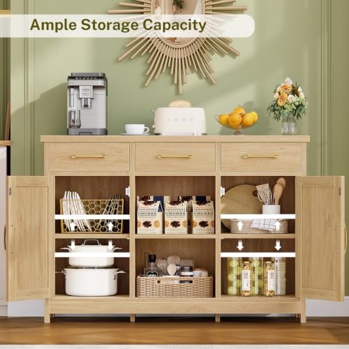 TEENFON Coffee Bar Cabinet with 3 Drawers, Farmhouse Buffet Cabinet