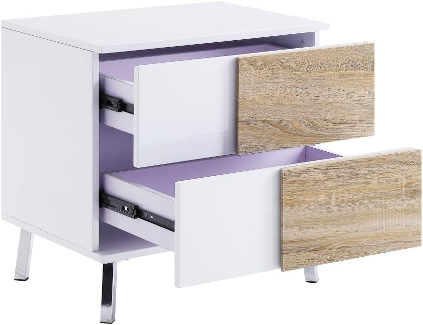 Verux White High Gloss End Table - 2 Storage Drawers, Chrome Flared Legs, Dur...