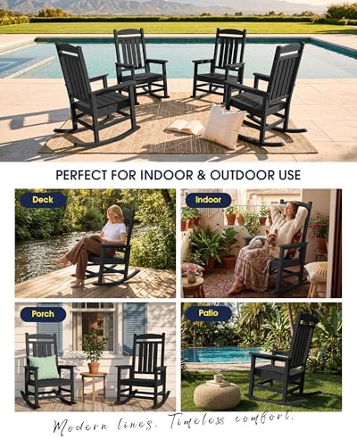 KINGYES Oversized Outdoor Rocking Chairs Set of 2, HDPE Porch Rocker, Black |...
