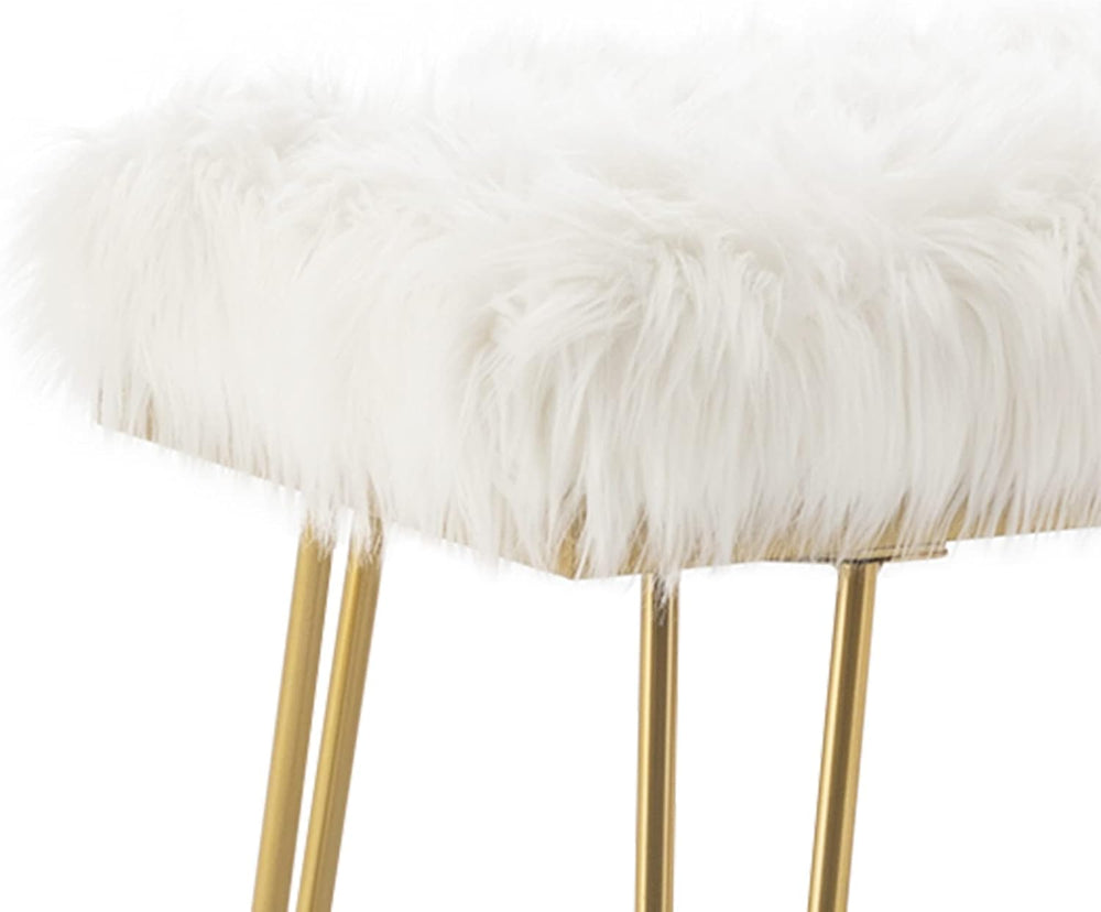 White Faux Fur Ottoman Bench Upholstered Furry Entryway Bedroom Bench with Go...