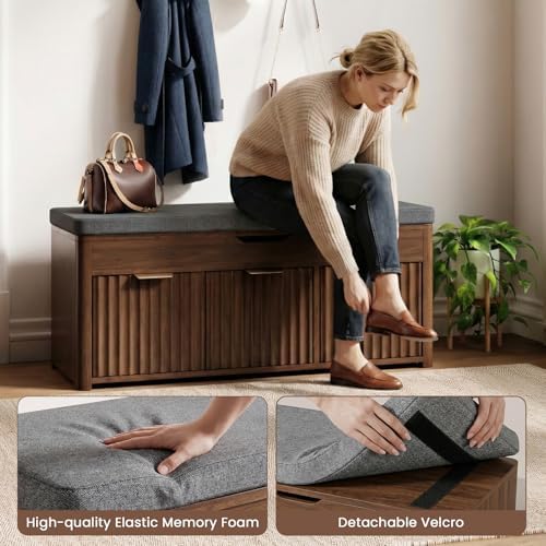 37.4" W Shoe Bench with Storage, Lift Top Entryway Bench, Walnut | 2-Tie...