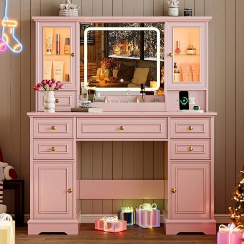 BORNOON Vanity Desk with Lights, Large LED Mirror with 3 Color Modes, Makeup ...