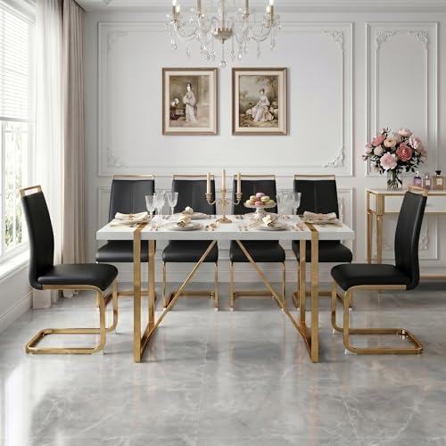 gopop Dining Table Set for 6, Kitchen Table Chairs Set of 6, 55-Inch White | ...