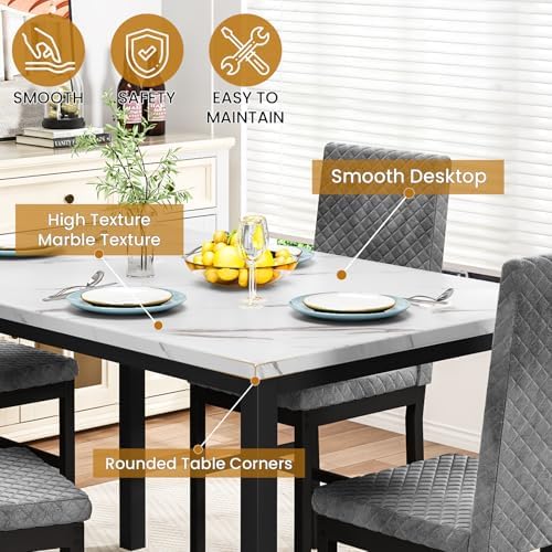 DKLGG Dining Table Set for 4, Faux Marble Kitchen Table with Velvet Upholster...
