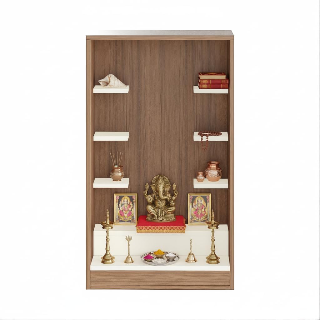 Wall Mounted Wooden Pooja Mandir for Home | Compact Temple Unit with Shelves for Idols & Frames | Engineered Wood | 85x50x28 cm (Exotic Teak & White)