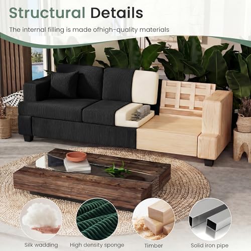 2 Pieces Corduroy Couch Set for Living Room, Black Cloud Sofa, Deep Seat Floo...