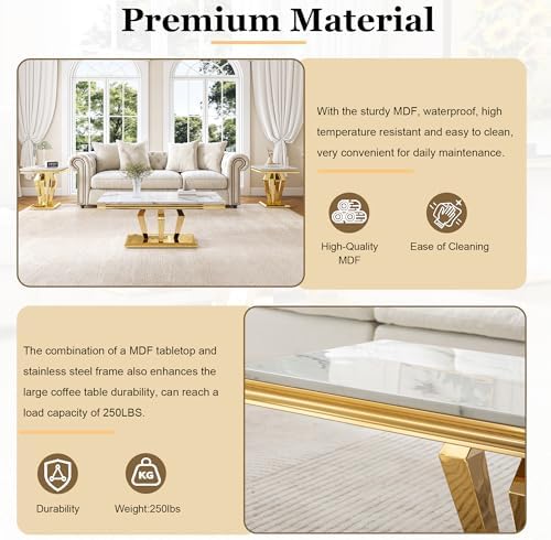 Living Room Coffee Table Set of 3, Modern Marble Coffee Table and 2 End Side ...