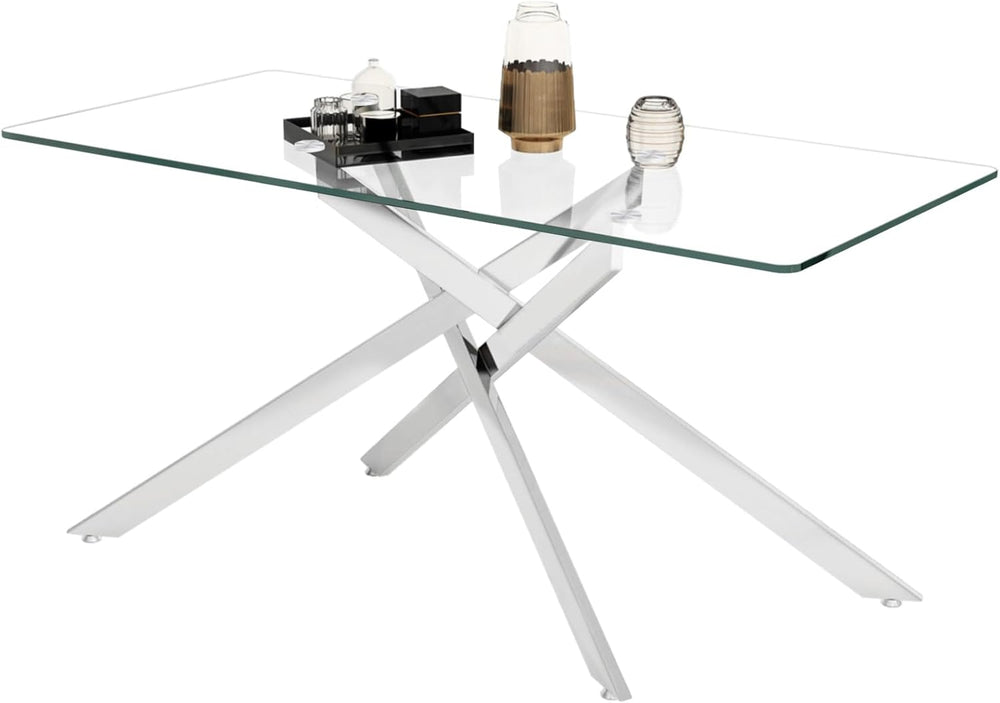 61" Rectangle Glass Dining Table for 4-6, Luxury Kitchen Table with Temp...