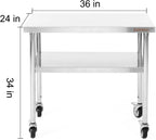 Stainless Steel Table for Prep & Work 36 x 24 Inches with Caster Wheels,Commercial Heavy Duty Metal Table with Undershelf for Home,Restaurant and Hotel Kitchen (36" x 24")