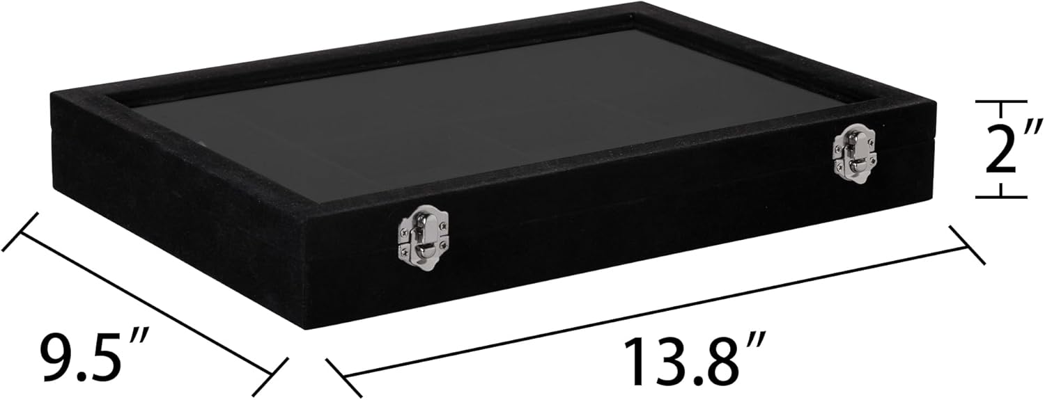 Frebeauty Velvet Jewelry Tray,12 Grid Jewelry Organizer with Clear Lid,Bracelets Holder,Jewelry Display Case with Clasp,Drawer Insert Bangle Brooch,13.8 x 9.5 x 2 Inches,Gift for Women Girls(Black)