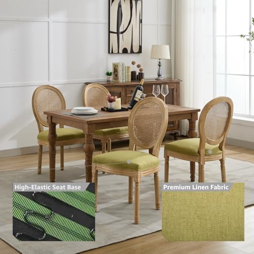 French Country Dining Chairs Set of 6, Olive Cane Back Rattan Dining Chairs w...