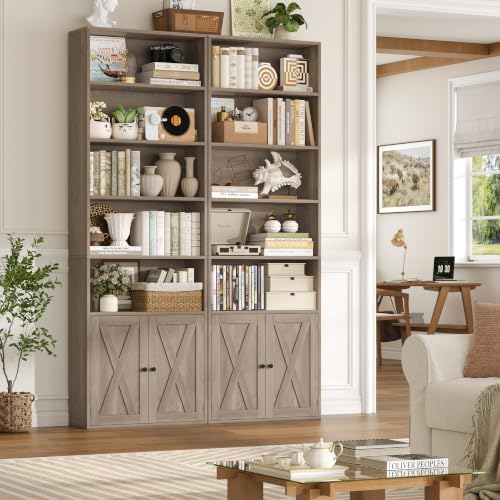 FACBOTALL 82" Tall Bookcase, Farmhouse Bookshelf with Doors, Gray