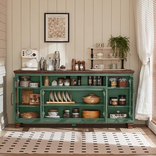 SAVOR LIFE 60-Inch Sideboard Buffet Cabinet with Glass Doors,Vintage Green