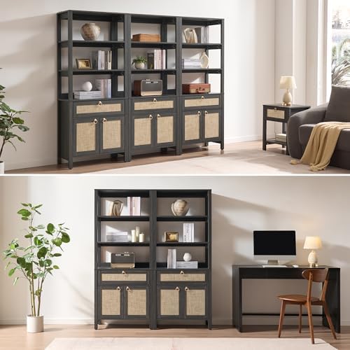 SICOTAS 68.5" Tall Boho Rattan Bookshelf with Drawer and Storage Doors