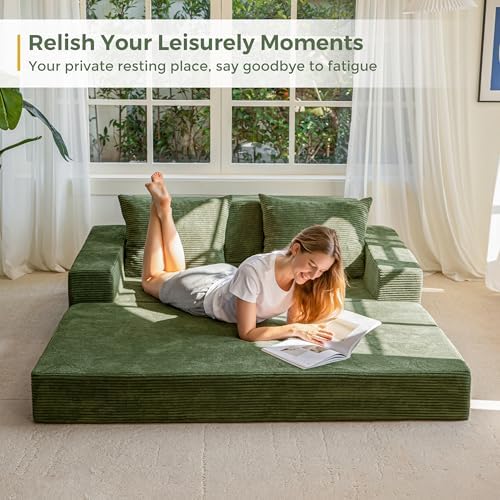 MAXYOYO Sofa Bed, 64-Inch Loveseat with 2 Cup Holders | Corded Green 4-in-1 S...