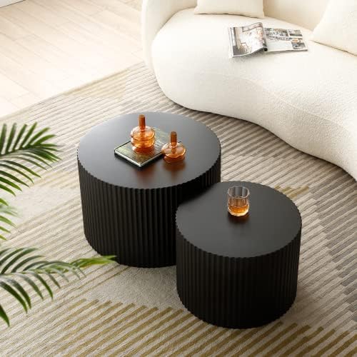 WILLIAMSPACE Black Round Nesting Coffee Table Set of 2, Modern Wooden Center ...