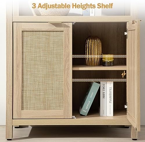 SICOTAS 71" Tall Rattan Bookshelf with Doors for Living Room Library
