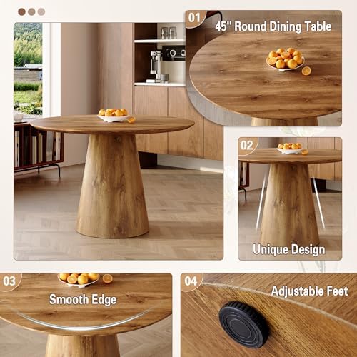 45" Round Dining Table, Round Pedestal Dining Table for 4 | One-Piece Ro...