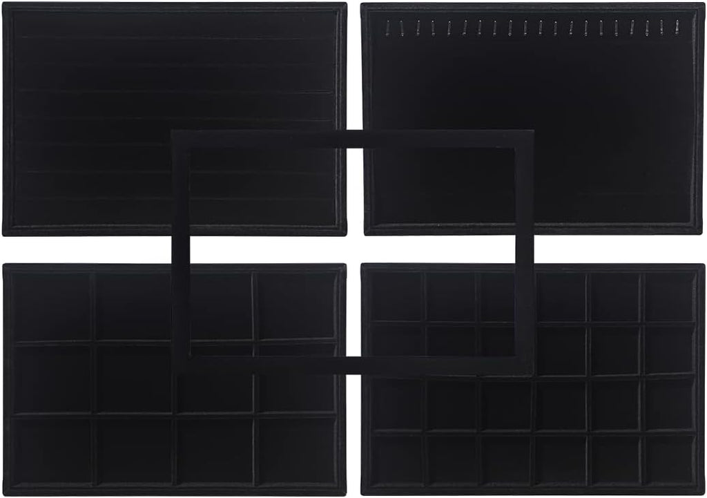Coward Set of 5 Stackable Jewelry Organizer Tray Necklace Earring Box Storage Ring Bracelet Display Holder (Black(ring+necklace+earring+12grid))