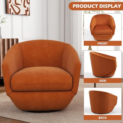 360° Swivel Barrel Accent Chair, Velvet Upholstered Club Armchair for Living Room, Modern Round Arm Chair Single Sofa Bedroom Reading Seating (Orange)