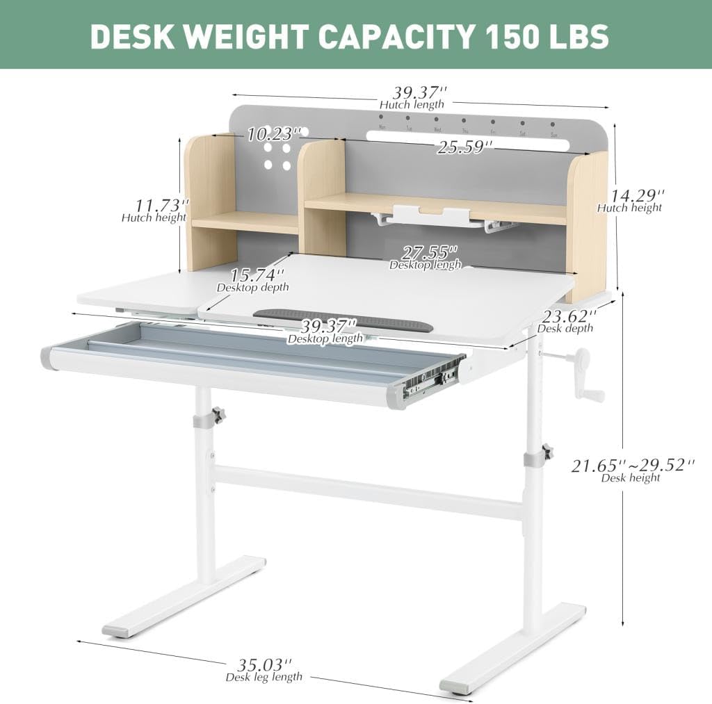 COSVALVE 39in Wide Adjustable Height Kids Desk with Tilting Desktop, Steel Frame, Drawer, and Bookshelf Hutch, Study Child Table for Ages 3-12, Grey