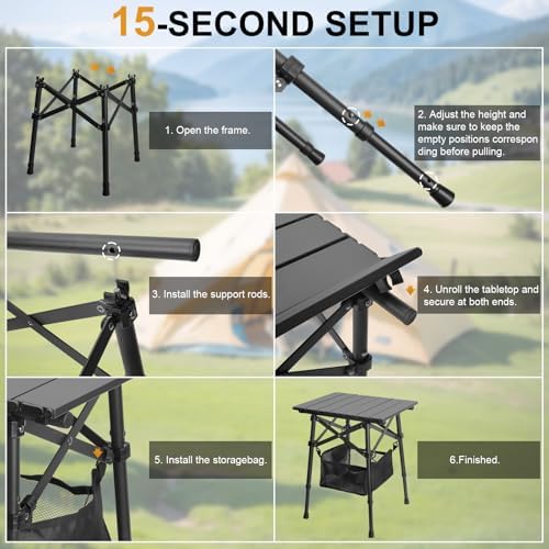 Folding Camping Side Table, Adjustable Height 14.2 & 18.9 in