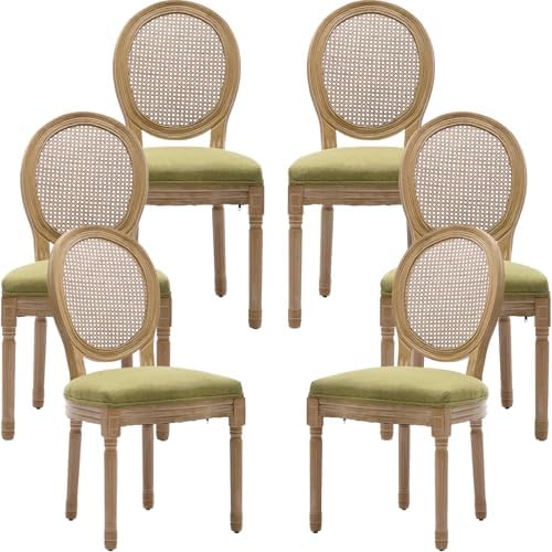 French Country Dining Chairs Set of 6, Olive Cane Back Rattan Dining Chairs w...