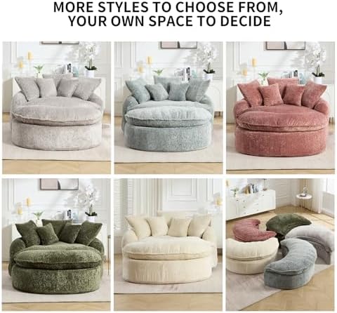 Oversized Round Lounge Chair with Ottoman Cloud Comfy | Breathable soft fabri...