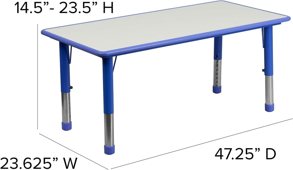 Flash Furniture Emmy 23.625''W x 47.25''L Rectangular Blue Plastic Height Adjustable Activity Table Set with 4 Chairs