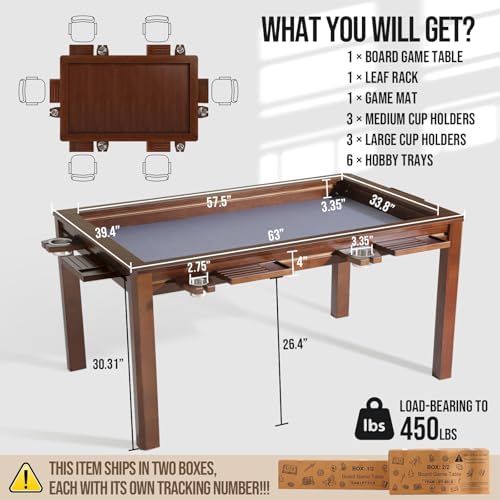 63" Solid Wood Board Game Table for Gaming/Dining, Removable Top