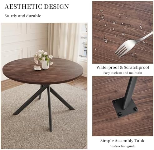 HIPIHOM 45.3'' Walnut Round Dining Table Set for 4, Mid Century Moder...