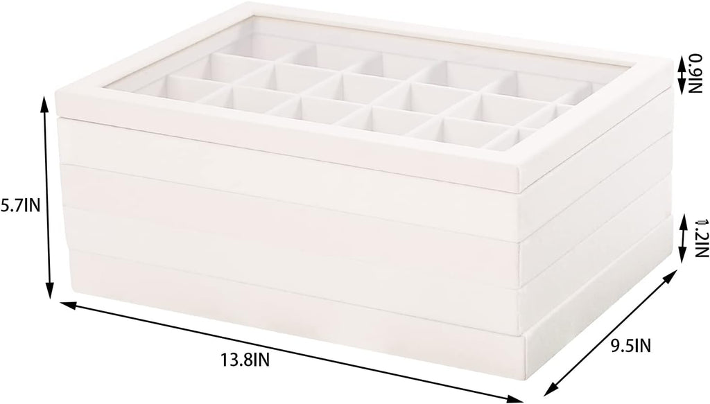 Coward Set of 5 Stackable Jewelry Organizer Tray Necklace Earring Box Storage Ring Bracelet Display Holder (beige(ring+necklace+12girds+24girds+The glass lid))
