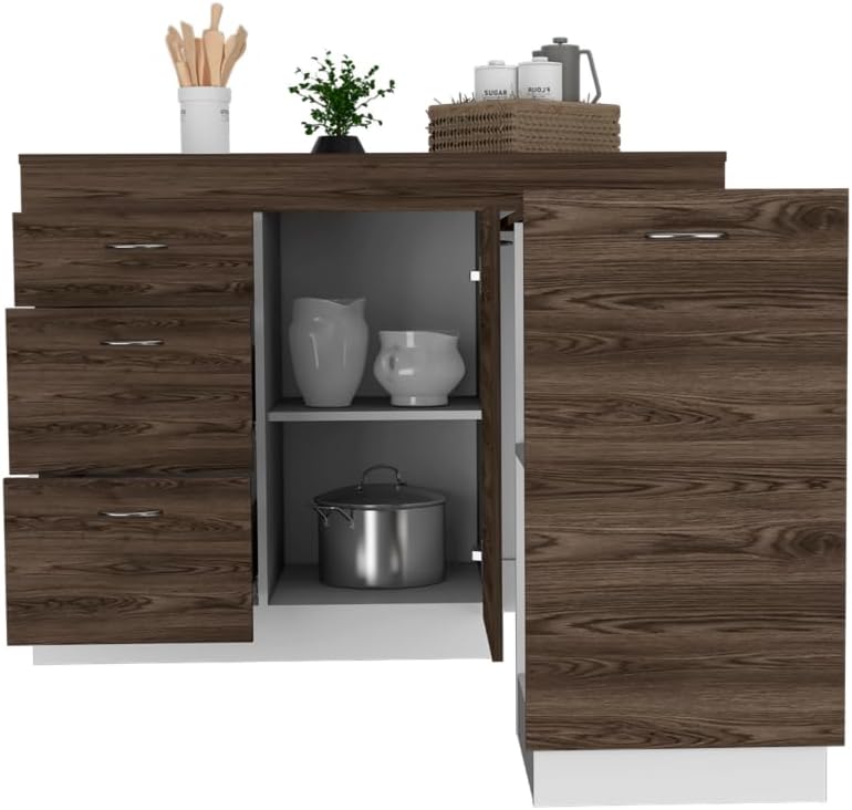Grecia Kitchen Base Cabinet, 3 Drawers, 2 Shelves - White/Dark Walnut