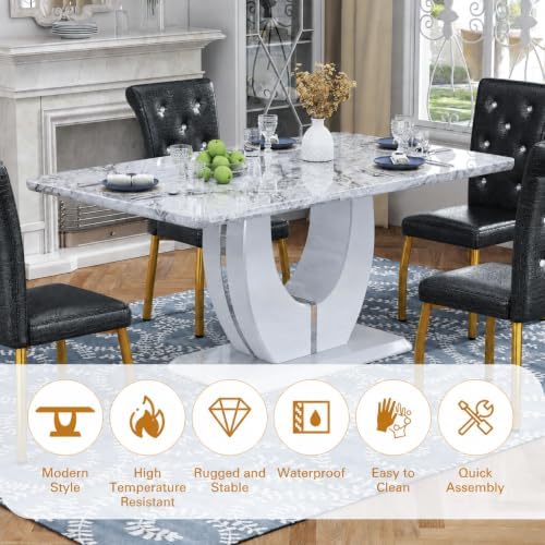 5 Piece Faux Marble Dining Table Set for 4, 63" Rectangular Kitchen Tabl...