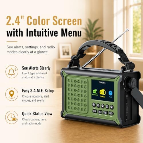Emergency Weather Radio with S.A.M.E. Alerts, Solar, Hand Crank & 12000mAh