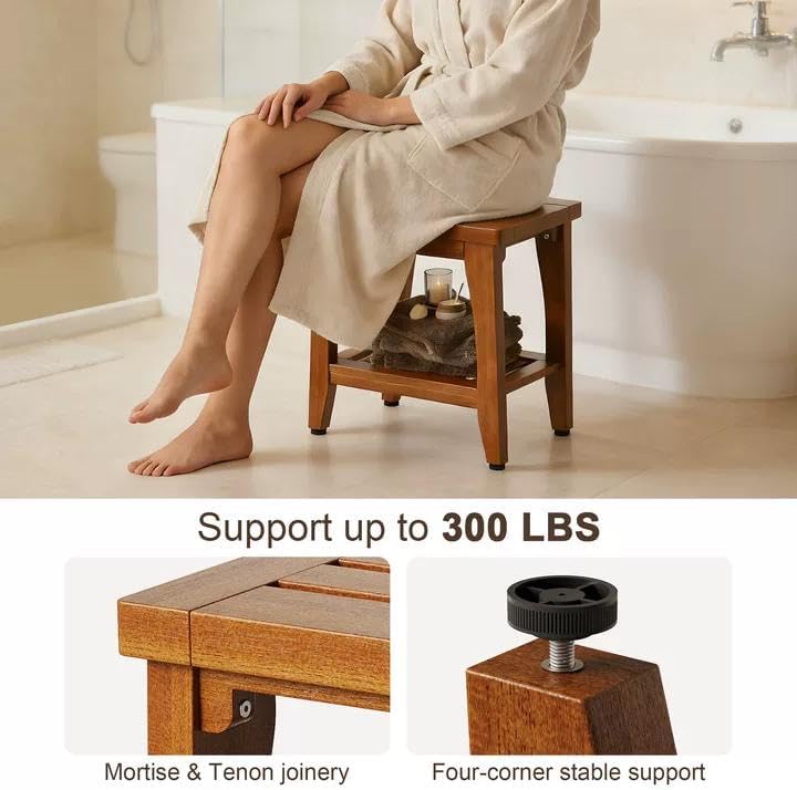 14" Compact Solid Teak Shower Bench with Storage Shelf