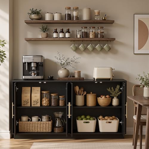 FORTUNETEC 67" Sideboard Buffet Cabinet with Storage, Arched Doors, Black