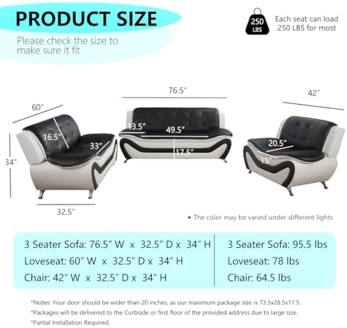 Leather Sectional Sofa Couches, Living Room Furniture Sets, 3 Pieces Modern Sofa Couch Set for Living Room/Apartment/Office/Bedroom, Black & White