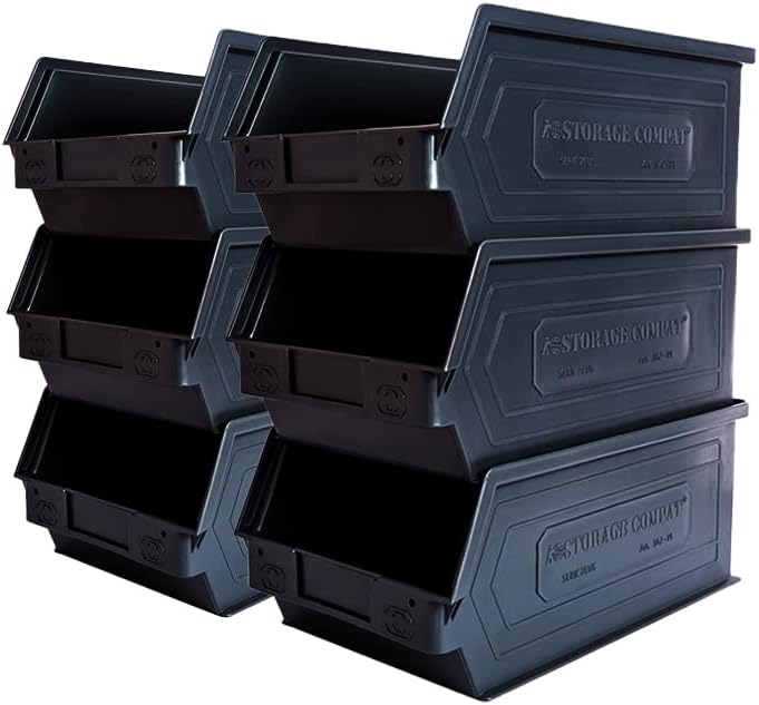 6-Pack Storage Bins, Wall Mount, Stackable & Freestanding, 12”x 8” x 6” Plastic Organizers, Utility Containers for Garage, Home, Workshop, Black