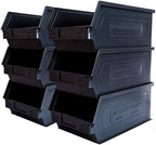 6-Pack Storage Bins, Wall Mount, Stackable & Freestanding, 12”x 8” x 6” Plastic Organizers, Utility Containers for Garage, Home, Workshop, Black