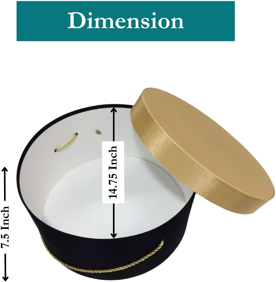 Sarah's Hat Boxes Classic Black/Gold Hat Box – 14.75" x 7.5" (Dia. x Ht.) Handmade in USA – Odorless Non-Toxic Adhesive, Cording Handle – Premium Storage for Hats & Accessories