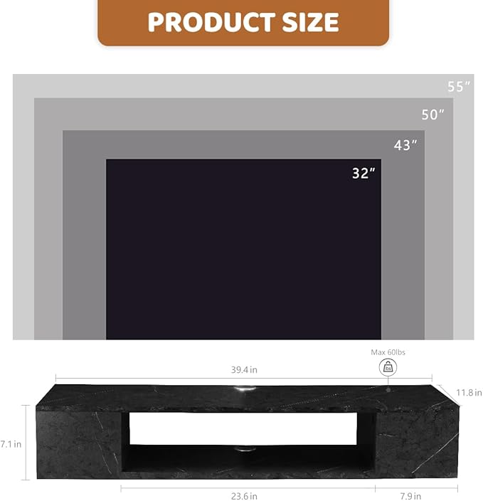 GHC Floating TV Stand, Wall Mounted Entertainment Center and Cabinet Shelf, TV Console with Storage, Media Console for DVD Player, Space-Saving Under TV Shelf for Bedroom, Living Room (Black Marble)