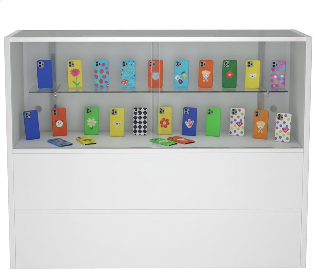 WISDOMFUR 48” Display Showcase with LED Lighting – White Melamine Finish, Adjustable Glass Shelf, Locking Sliding Doors – 4ft Retail Display Cabinet for Stores & Exhibits
